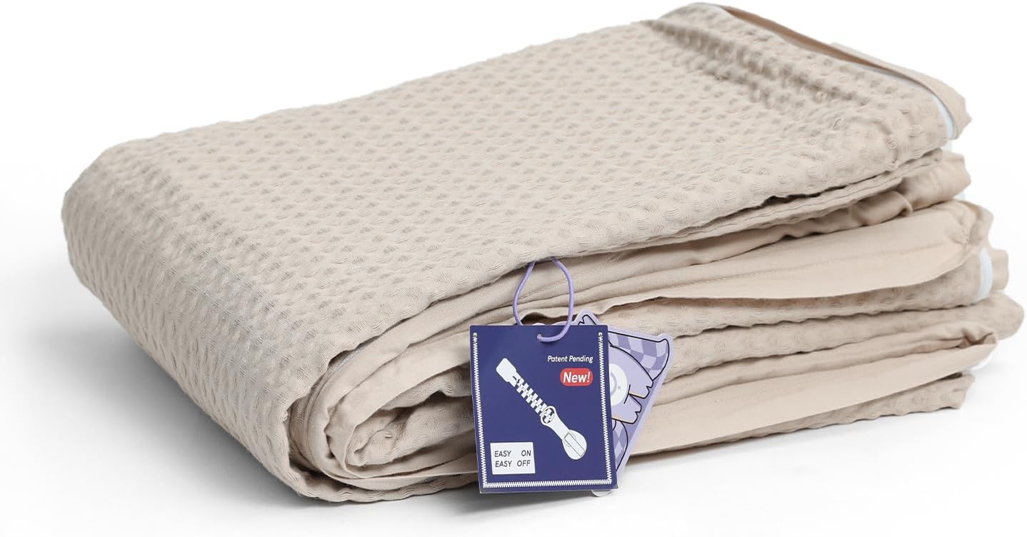 YnM Cotton Waffle Weave 3-Side Zipper Duvet Cover for Weighted Blankets | Easy on, Easy Off Oatmeal, 60"x80"
