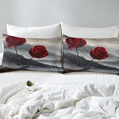 Manfei Red Roses Bed Sheet 4 Piece,Aesthetic Natural Mount Paint Sheets Full Size Bed Set,Romantic Blooming Flowers Bedding Set with Flat,Fitted Sheet,2 Pillow Cases