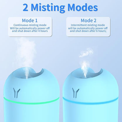 Portable Mini Humidifier, 250ML Small Humidifier, 3-in-1 Colorful Mini Humidifier + Night Light + Car Humidifier, Cool Mist Humidifier with Aroma Pads, USB Portable Humidifier For Travel (Blue)