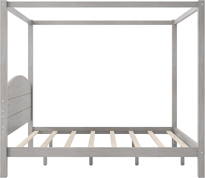 LUMISOL Canopy Bed Frame King Size, Solid Wood Four Posters Bed Frame with Headboard & Slat Support Legs, No Box Spring Needed, Grey Wash