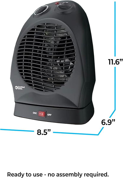 Comfort Zone Oscillating Space Heater with Adjustable Thermostat, Desktop, Fan-Forced, Portable, Overheat Sensor, Tip-Over Switch, Stay-Cool Housing, Ideal for Home, Bedroom, Office, 1,500W, CZ50BK