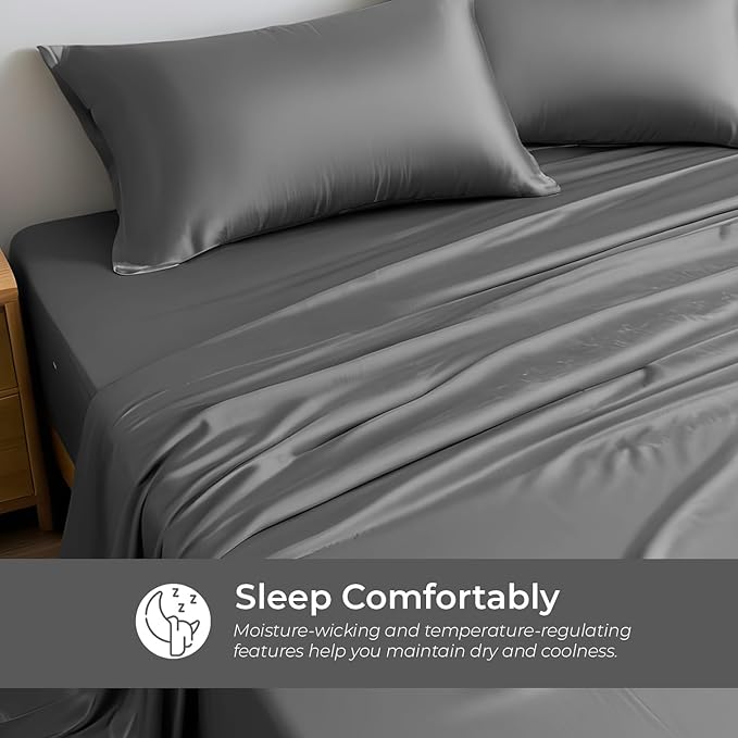 LINENWALAS Flat Sheet Only Rayon Derived from Bamboo Silk King Size Bedsheet Luxury Soft Cooling Flat Bed Bedsheet for Hot Sleepers (King, Charcoal Grey)