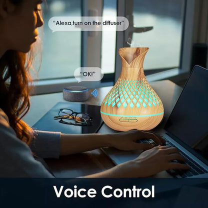 Smart WiFi Essential Oil Diffuser, 500ml Aromatherapy Diffuser Humidifier for Large Room, Works with App & Alexa Google Home Voice Control, 7 LED, Create Schedules and 4 Timer, Auto Off, Light Wood