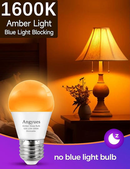 Amber Sleep Light Bulbs Dimmable, Blue Light Blocking, A15 1.5W(15 Watt Equivalent) Dim Light Bulbs for Lamp, 1600K Warm Light Bulb, E26 for Healthy Sleep, Bedroom, Kids Room, 4 Pack