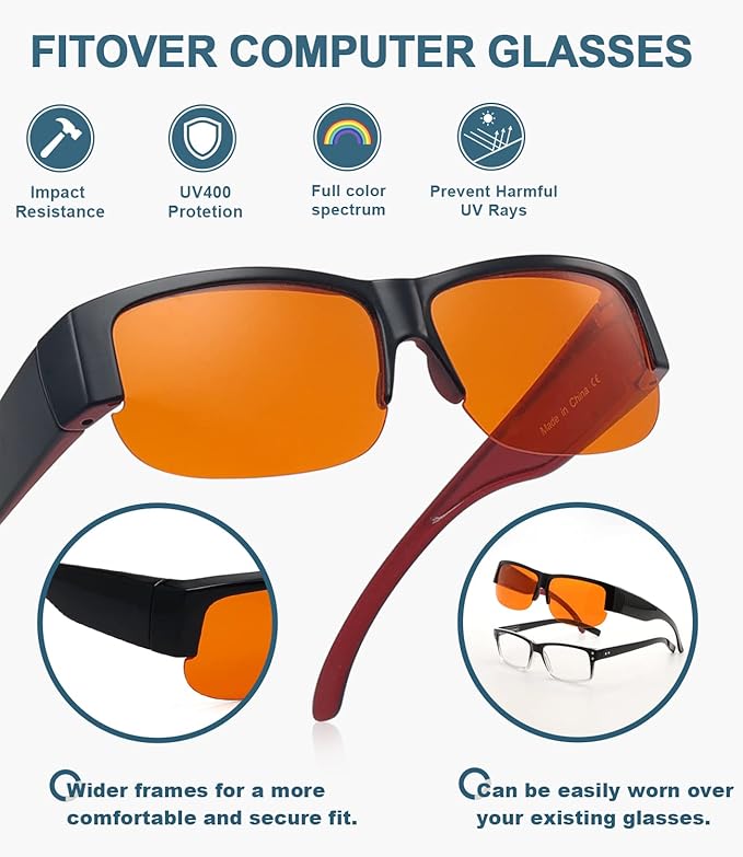 BLUELESS Fitover Blue Light Blocking Glasses with Orange Tinted Sleep Glasses, Black Red