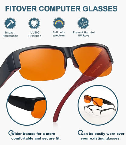 BLUELESS Fitover Blue Light Blocking Glasses with Orange Tinted Sleep Glasses, Black Red