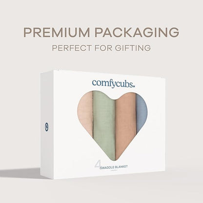 Comfy Cubs Muslin Swaddle Blankets Pack of 4, 47 x 47 Inches, Soft Cotton Baby Blanket Set, Large Multipurpose Swaddling Wraps for Newborns - Self-Soothing Swaddle - Pacific, Cedar, Sage, Blush