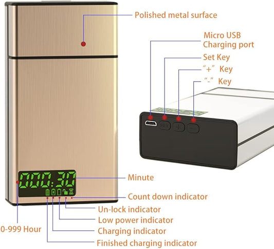 Timed Lock Box – Time Locking Small Container with 999 Hours LCD Display – Portable Locking Box with Timer Lock for Storage – Break Bad Habits – Credit card, Cash, Key,Medication（Golden）