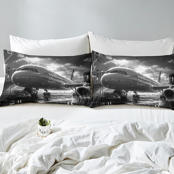 Airplane Fitted Sheet Set King Size 4 Pcs,Aviation Plane Aircraft Modern Teens Sheets,3D Print Lightning Sky Print Gray Bedding Sets (1 Fitted,1 Flat,2 Pillowcases)