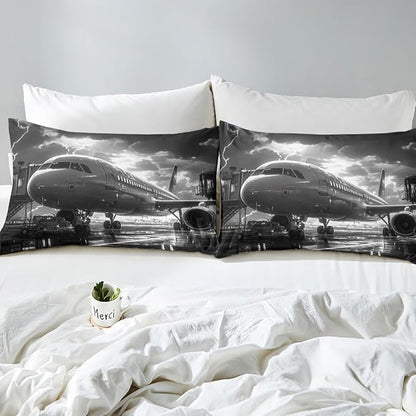 Manfei Airplane Bed Sheet Set Twin Size,Aviation Plane Aircraft Modern Sheet Set,3D Print Lightning Sky Print Gray Bedding Decor Set with 1 Flat & 1 Fitted Sheet with 1 Pillow Sham