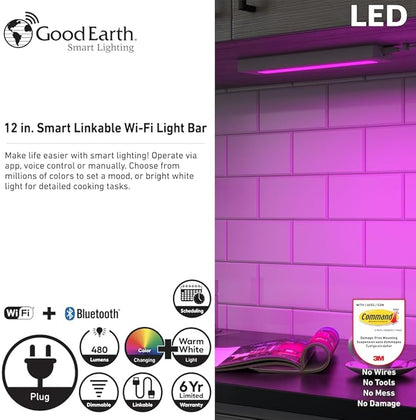 Good Earth Lighting 12" WI-FI Smart Plug-in Undercabinet Bar RGB+CCT Changing (2700-6500K), Dimmable, 500 Lumen, White