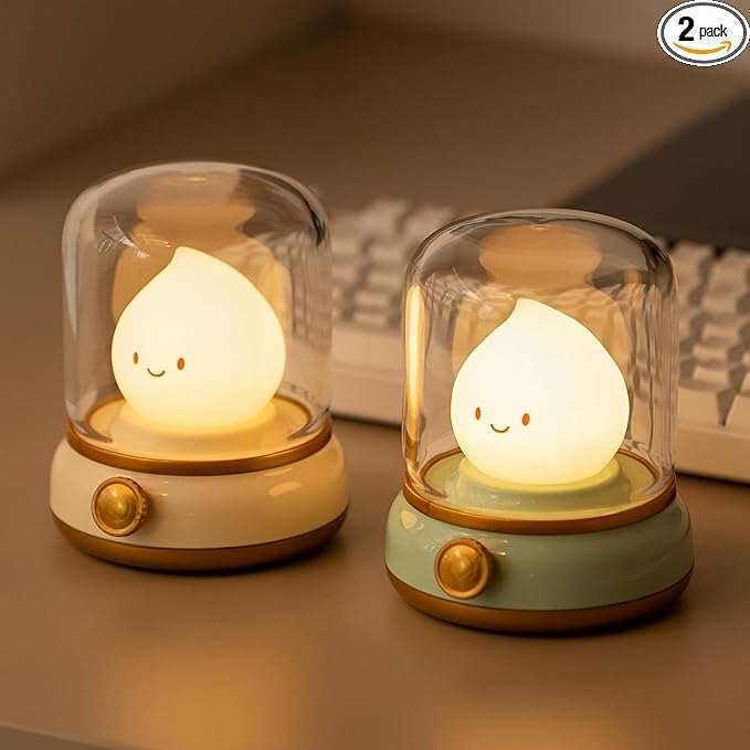 Cute Chibi Flame Lamp, Anime Cozy Lights, Retro Rechargeable Night Light, Decor, Cute Desk Accessories, Gifts 2 Pack (Yellow and Green)
