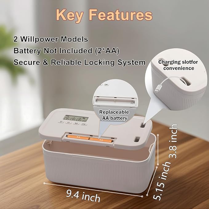 TimeLock Adjustable Timed Lock Box (0-30 Days) - Timer Secure Storage Lockbox for Snacks, Medicine, Phones, Electronics - Self Control Container to Build Discipline & Declutter Life, 9.3"x5.1"x3.8"