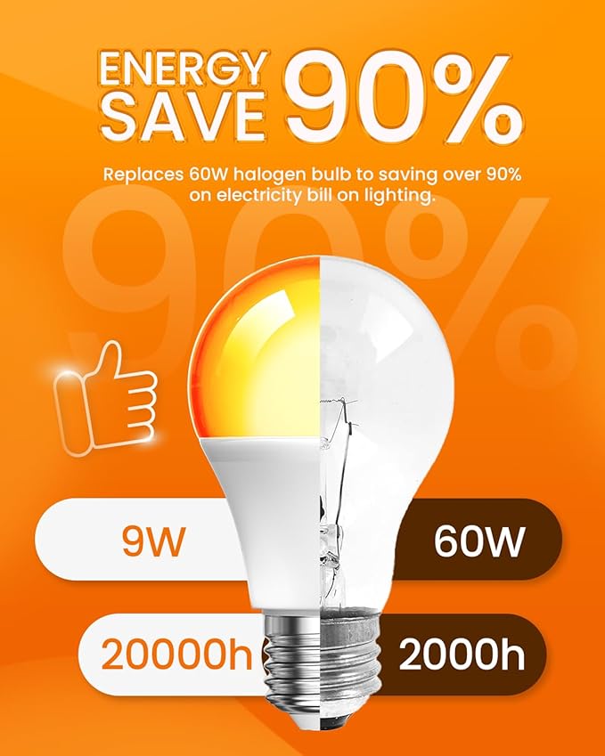 Bonlux Amber Light Bulbs 2000K, A19 9W E26 LED Yellow Soft Warm Sleep Light Bulb Blue Light Blocking (60 Watt Equivalent) for Bedroom,Healthy Sleep, Baby Nursery Light, Night Light Bulb, 2 Pack