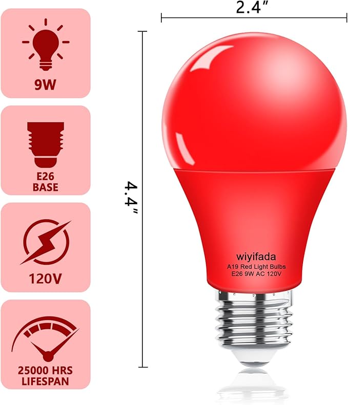 4 Pack A19 LED Red Light Bulbs,120V E26 Red LED Lights 9W Replace up to 100W, Dimmable Colored Light Bulbs for Thanksgiving Day,Porch, Home Lighting, Party Decoration