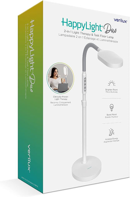 Verilux HappyLight Duo - 2-in-1 Light Therapy & Task Floor Lamp - UV-Free Full Spectrum LED, 10,000 LUX, Adjustable Brightness and Color, Flexible Gooseneck, and Adjustable Height