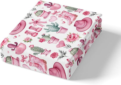 Cowgirl Boots Fitted Sheet Twin Size,American Western Tribal Hats Desert Cactus Bed Sheet with 1 Pillowcase,Dreamy Pink Bowknots Roses Flowers Soft Decorative Fabric Bedding,Room Gift