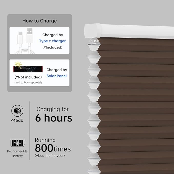 Motorized Cellular Shades with Remote, Light Filtering Smart Cellular Shades Compatible with Alexa, Honeycomb Window Blinds for Bedroom Home Office, Custom Size, Half Shading Brown