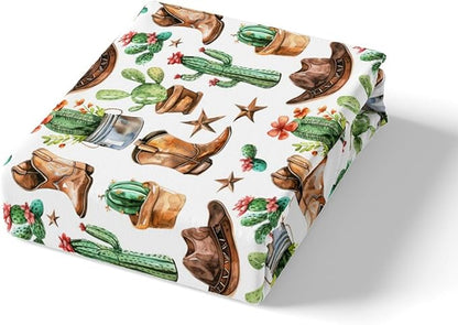 Manfei Cowboy Boots Hats Bed Sheet Set 3 Pieces,American Western Tribal Texas Star Vintage Microfiber Bedding Set Without Flat,Rustic Desert Cactus Natural Fitted Sheet,2 Pillow Cases,Full Size