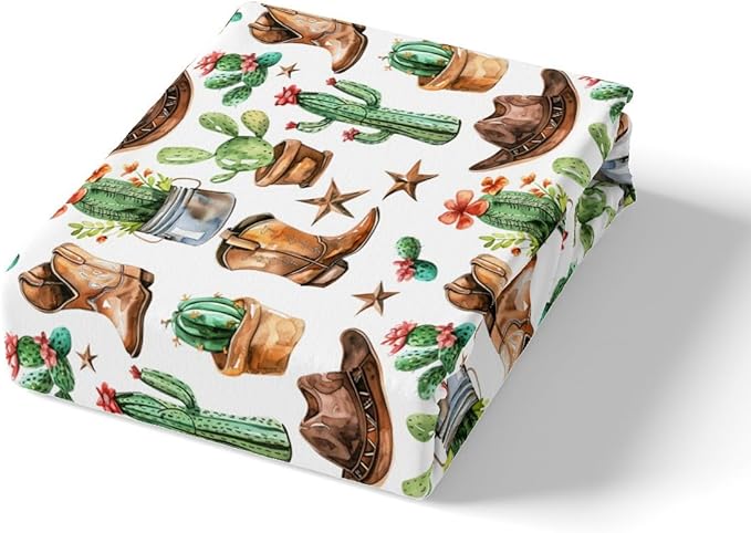 Cowboy Boots Hats Bed Sheet Set Home Decor American Western Tribal Texas Star Vintage Sheet Sets Deep Pocket,Rustic Desert Cactus Natural Mattress Cover,Twin Size with 1 Pillowcase