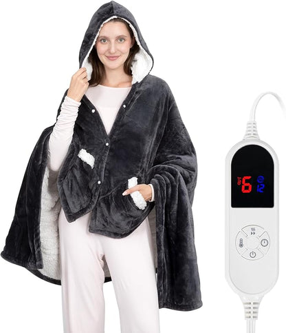 Wearable Heated Blanket, 40"x70" Eletric Throw with 6 Heating Levels and 12 Hours Timer, Heated Wrap Poncho Shawl & Hoodies with Pockets, Machine Washable with ETL Certification, Gray