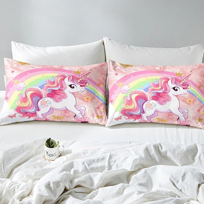 Manfei Cartoon Unicorn Kids Fitted Sheet Queen Size,Rainbow Cloud Dreamy Bedding Set,Girls Women Room Decor,Butterfly Flowers Cute Down Fitted Sheet,Pink Bed Sheet,2 Pillowcases