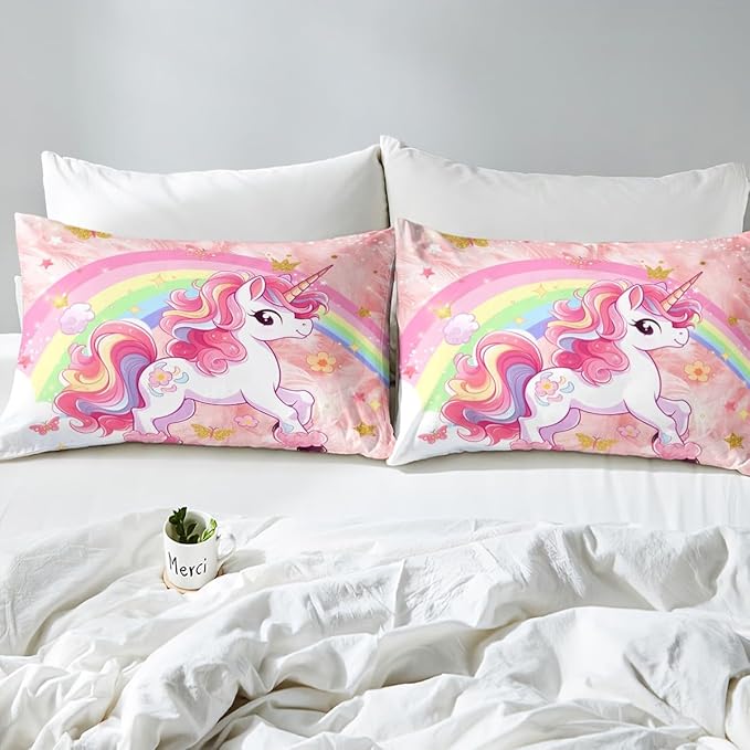 Manfei Cartoon Unicorn Kids Fitted Sheet Twin Size,Rainbow Cloud Dreamy Bedding Set,Girls Women Room Decor,Butterfly Flowers Cute Down Fitted Sheet,Pink Bed Sheet,1 Pillowcase