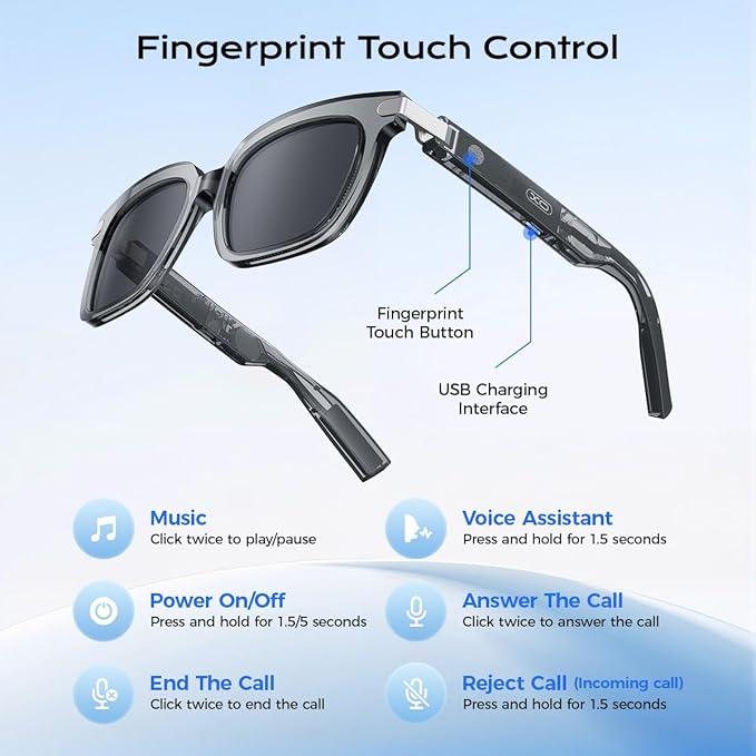 Smart Glasses,Polarized Sunglasses Built-in Mic & Bluetooth Speaker, Wireless Audio Smart Glasses for Men and Women, Athletic/Outdoor UV Protection,Touch Control, Voice Assistant (Black)