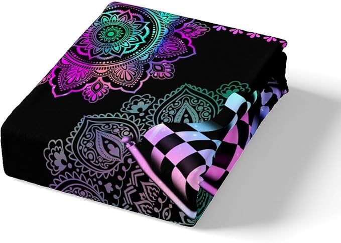 Black White Checkered Flag Print Fitted Sheet Full Size Exotic Bohemian Lotus Mandala Collections Racing Car Bedding Deep Pocket for Children Teens Young with 2 Pillowcases