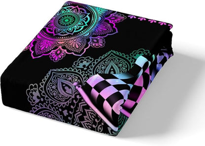 Black White Checkered Flag Print Fitted Sheet Full Size Exotic Bohemian Lotus Mandala Collections Racing Car Bedding Deep Pocket for Children Teens Young with 2 Pillowcases