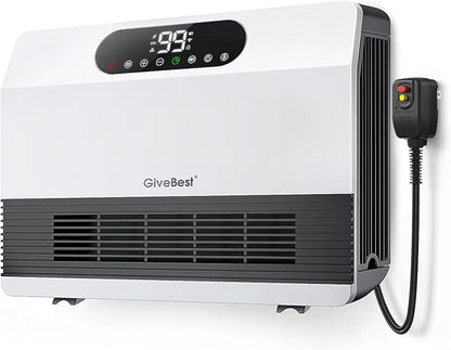 GiveBest Wall Heater, 1500W Electric Space Heater for Bedroom Bathroom with ALCI Plug, Heater with Remote Control for Office Dorm Use, Adjustable Thermostat, 12H Timers, Compatible with Alexa, White