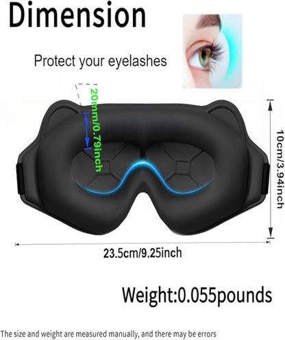 3D Contoured Sleep Mask for Side Sleepers & Travel – 100% Light Blocking Cat-Eye Design, 20mm Deep Eye Cavity & Adjustable Headband | Black Sleep Mask with Earplids, Gift Card & Pouch (Black)