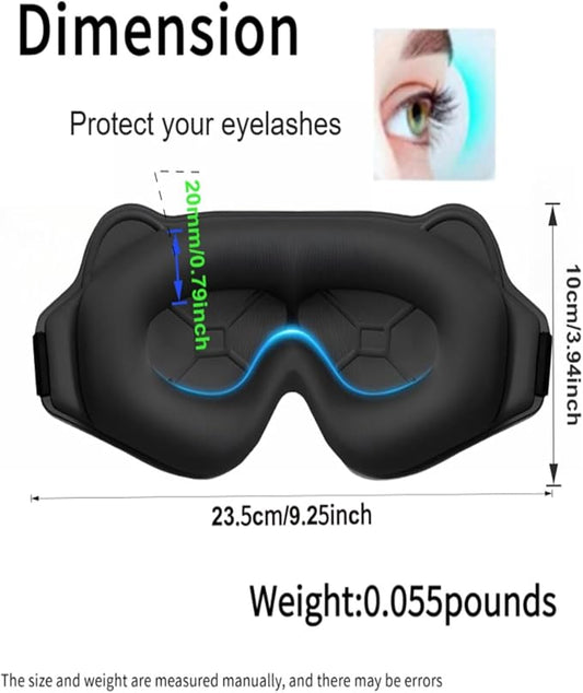 3D Contoured Sleep Mask for Side Sleepers & Travel – 100% Light Blocking Cat-Eye Design, 20mm Deep Eye Cavity & Adjustable Headband | Black Sleep Mask with Earplids, Gift Card & Pouch (Black)