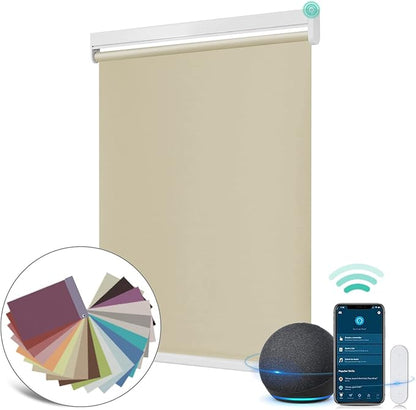 Allesin Motorized Roller Shade Blinds Work with Alexa for Window, 100% Blackout Smart Shades Cordless with Remote Control, Electric Automated Blinds for Window, Customized Size for Smart Home (Khaki)