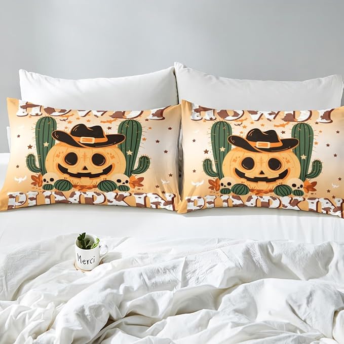 Halloween Pumpkin Fitted Sheet,Western Cowboy Hat Tribal Orange Soft Decorative Fabric Bedding Desert Cactus Rustic Cowhide Brown Cow Fur Pocket Twin Size with 1 Pillowcase