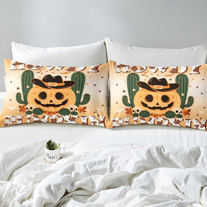 Halloween Pumpkin Fitted Sheet,Western Cowboy Hat Tribal Orange Soft Decorative Fabric Bedding Desert Cactus Rustic Cowhide Brown Cow Fur Pocket Twin Size with 1 Pillowcase
