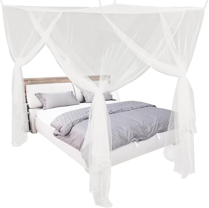 4 Corners White Bed Canopy Curtains for Single Twin Full Size, Mosquito Net Rectangular Bed Drapes for Bedroom Home Indoor Patio Outdoor Decoration(L79 X W47 X H59 Inch)