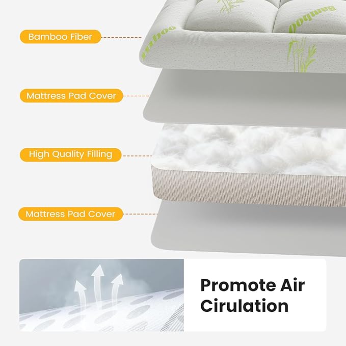 NEWBULIG Twin Mattress Topper Viscose Derived from Bamboo, Thick Pillow Top Mattress Pad with Stretchable Pockets, Soft Mattress Topper for Back Pain Relief