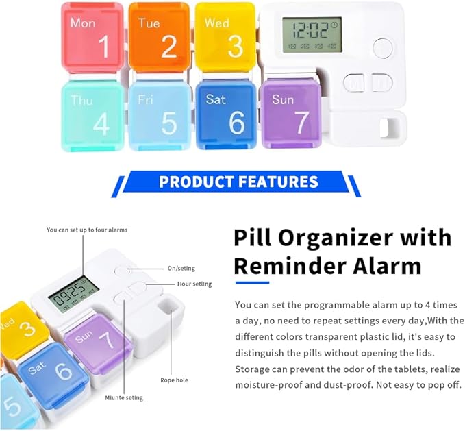Smart Pill Box,7 Day Pill Organizer,4 Alarm Clocks,AM/PM Automatic Alarm Reminder,Hold Vitamins Fish Oil,Supplements,Travel Pill or Pillganizer,Suitable for The Elderly, Children, Office Workers