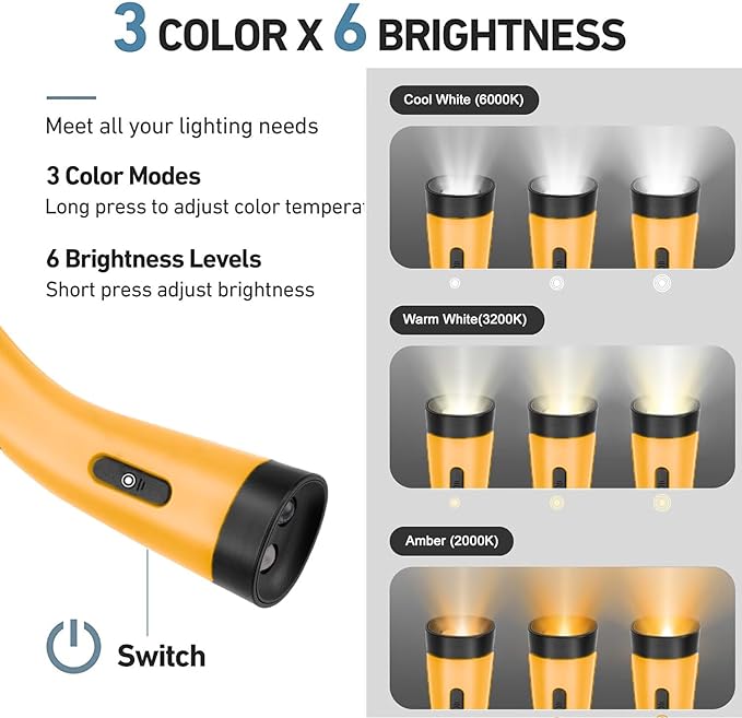 Neck Reading Light Rechargeable, 6 Brightness Levels 3 Colors Amber Book Light for Reading in Bed, 80H Working, Hands-Free for Reading, Crocheting, Repairing and Camping (Yellow)