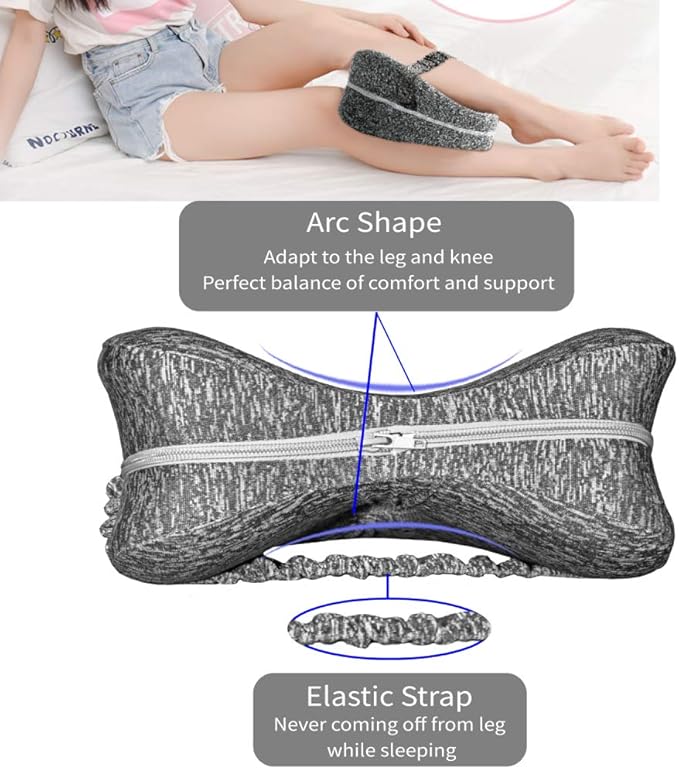 Knee Pillow for Side Sleepers with Elastic Strap, Memory Foam Leg Pillow, Ideal for Spine Alignment, Hip, Back & Joint Pain Relief, for Better Sleeping with Breathable & Washable Cover