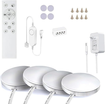 4 PCS Aluminum Round WiFi RGB Under Cabinet Lights Kit,Work with Alexa,Goog le Assistant,App and 2.4G RF Remote,Music Sync LED Light with Timmer Dimmable Under Counter Lights for Kitchen Bedroom