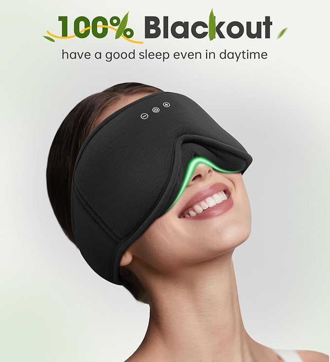 Bamboo Cotton Large Sleep Mask with Bluetooth Wireless Headphones - Blackout Eye Mask for Sleeping 3D Contoured Sleep Headband Ear Muffs Lengthen & Low Noise Hook for Better Experience (Black)