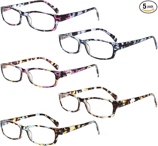 Henotin 5-Pack Reading Glasses Blue Light Blocking Anti Eyestrain Computer Reading Glasses for Women and Men Readers (Mix Color-C1, 4.00, Diopters)