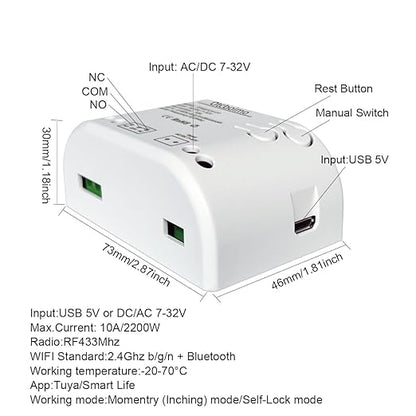 Smart WiFi Wireless Relay Switch Module, Tuya 1CH AC/DC 7-32V/ USB 5V Smart Life Remote Control, Dry Contact Momentry Switch Compatible with Alexa and Google Home