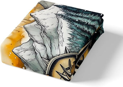 Compass Kids Fitted Sheet Queen Size,Mountain River Natural Scenery Retro Bedding Set,Boys Girls Room Decor,Lake House Fishing Adventure Camping Bed Cover,Green Bed Sheet,2 Pillowcases(No Top Sheet)