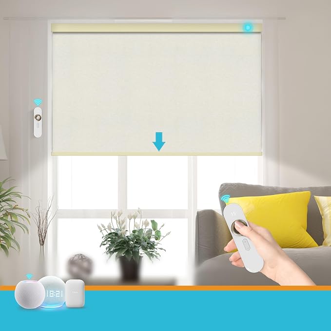 Motorized Blinds with Remote, Smart Blind Roller Shades Compatible with Alexa, Durable Rechargeable Battery Solar Power Electric Window Blinds Motorized Shades Customized Size (Luxury-Beige)
