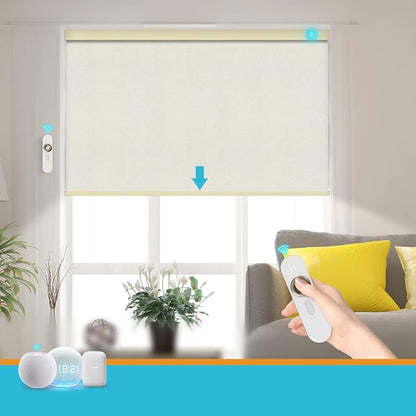 Motorized Blinds with Remote, Smart Blind Roller Shades Compatible with Alexa, Durable Rechargeable Battery Solar Power Electric Window Blinds Motorized Shades Customized Size (Luxury-Beige)