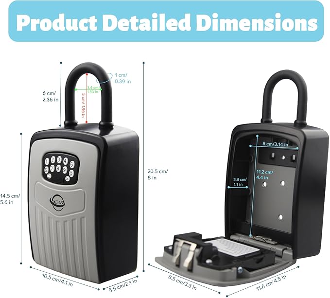 Smart Bluetooth Key Lock Box,Remote Access via App/Code,Resettable 6-Digit Combination,Large Capacity for 5 Keys,Wall-Mounted,No WiFi Needed,Grey(with Shackle)
