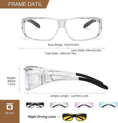 Fit Over Glasses Blue Light Blocking and Night Vision Driving Glasses for Men Women Wrap Around Goggles Eyewear PT2006